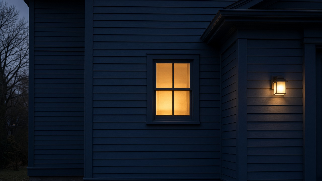 Southborough house at dusk with a single warm window plane