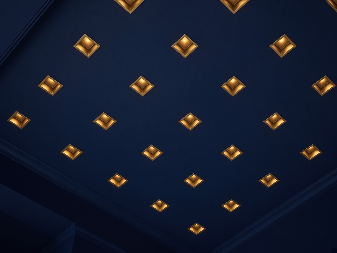 Grid of recessed lights on a navy ceiling